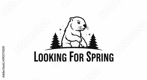 Cute cartoon groundhog peeking out from behind pine trees, with birds flying