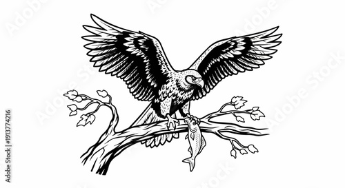 Detailed illustration of an eagle perched on a branch with a fish in its talons