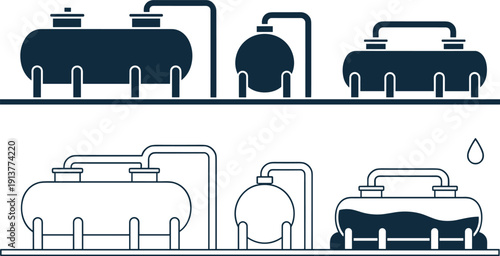 Industrial storage tanks and pipeline system vector illustration set for oil refinery, water treatment, chemical processing facilities