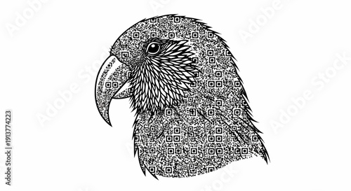 Detailed profile of a parrot's head composed entirely of QR codes