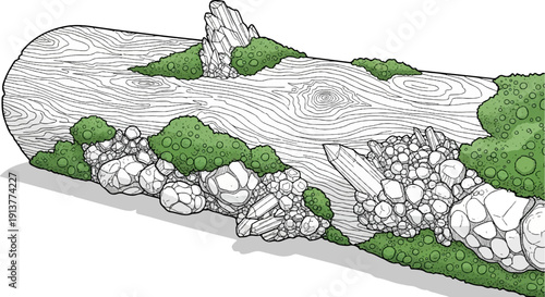 Detailed illustration of a weathered log covered in moss and crystalline mineral growths