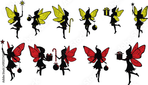 Christmas Fairy Silhouette Collection with Red and Yellow Wings Holding Magic Wands Ornaments Candy Canes and Gifts for Holiday Vector Design