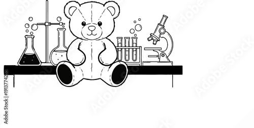 Cute teddy bear sits by beakers and microscope on a lab bench