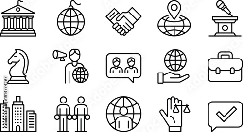 International business and diplomacy line icon set for global communication, partnership, location, leadership, strategy, law concepts