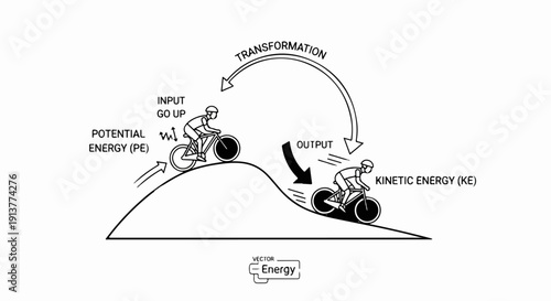 Cyclist demonstrates potential and kinetic energy transformation on a hill