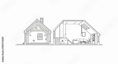Detailed architectural drawing of a cross-section showing a quaint house interior