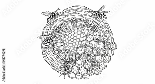 Detailed illustration of wasps constructing their hexagonal nest