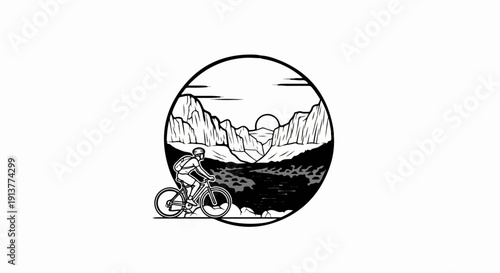 Cyclist rides through a rocky canyon with a setting sun over mountains