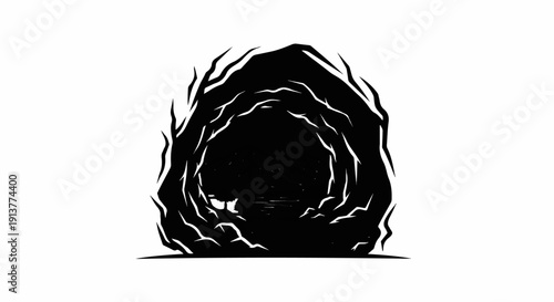 Dark, jagged entrance to a shadowy cave with hints of water within