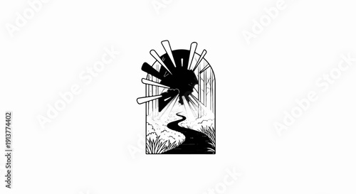 Dark forest clearing with a winding path and intense light burst