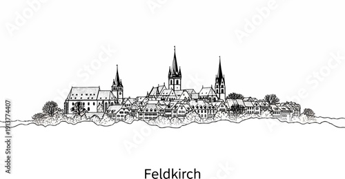 Detailed ink sketch of a historic European town skyline with spires and trees