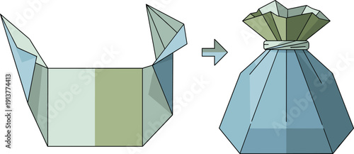 Origami paper folding transformation, geometric container to pouch, creative craft process illustration, educational design elements, flat vector illustration
