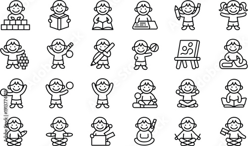 Kids activity icons set, children reading, drawing, playing and building blocks, cute line art vector illustrations for education, kindergarten, learning apps