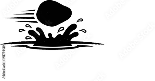 Dark sphere speeding and splashing into liquid, dynamic motion