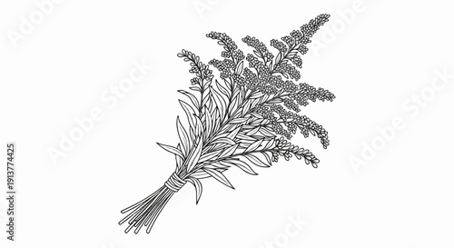 Detailed ink sketch of a lavender bouquet on a white background