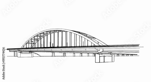 Detailed architectural sketch of a steel arch bridge with supporting piers