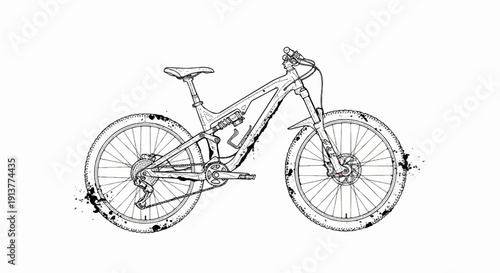 Detailed ink sketch of a full-suspension mountain bike with splattered accents