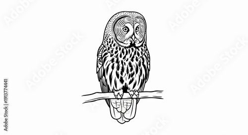 Detailed ink sketch of an owl perched on a branch, looking forward