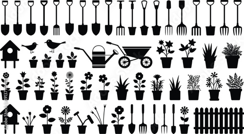 Large set of gardening and plant silhouette icons, potted flowers, tools and birdhouse symbols, watering can and wheelbarrow vector graphics for landscaping