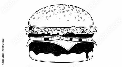 Detailed line art drawing of a layered hamburger with sesame seed bun