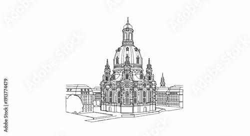 Detailed line art drawing of a grand dome structure with spires and flanking buildings