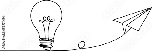 Light bulb idea connected to paper airplane, continuous line illustration of creativity, innovation and startup launch concept, minimal outline vector design