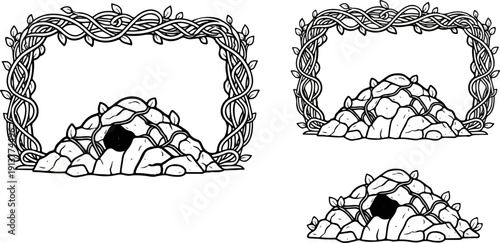Decorative frame of entwined vines above a rocky mound with an opening