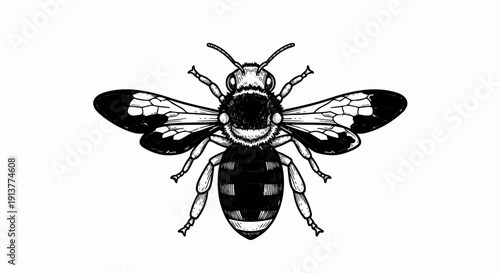 Detailed black and white illustration of a bee with patterned wings and body