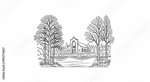Detailed line art of a serene lake scene with a church amidst trees