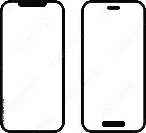 Minimal smartphone frame mockup set with blank screens, rounded corners, notch and pill cutout, mobile vector template