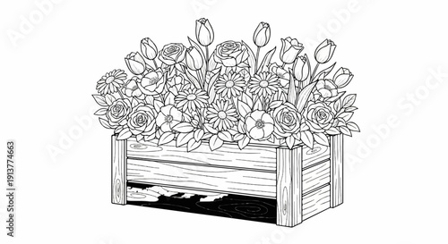 Detailed line art of a wooden planter overflowing with assorted flowers and foliage