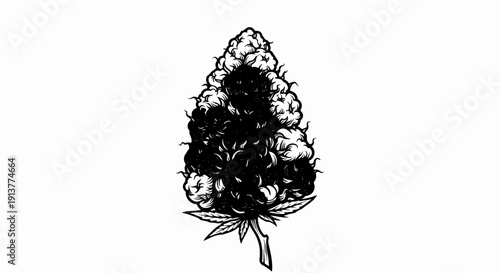 Detailed black and white illustration of a cannabis bud