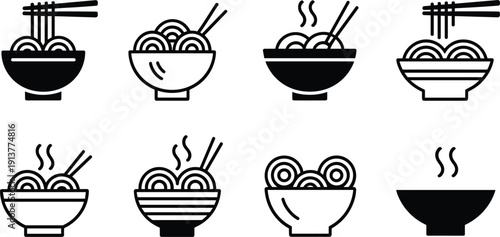 Noodle bowl icons set with chopsticks and steam, black and white food silhouettes, ramen and udon symbols for restaurant menus and apps