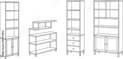 Modern wooden bookshelf and storage cabinet collection, minimalist furniture line art set for interior design and home organization
