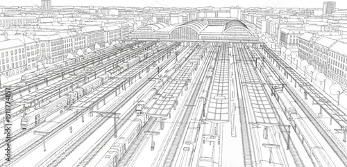 Detailed sketch of a bustling urban train station with multiple tracks and arriving trains