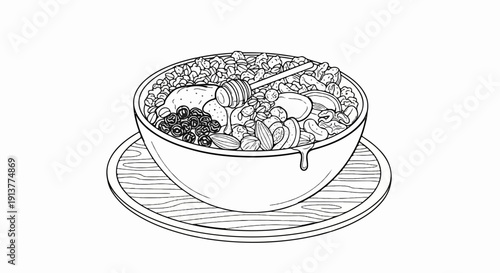 Detailed line drawing of a bowl filled with granola, fruits, nuts, and drizzled with honey