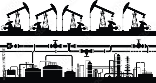 Oil pump jack with refinery and power plant silhouettes, industrial energy production skyline vector illustration background