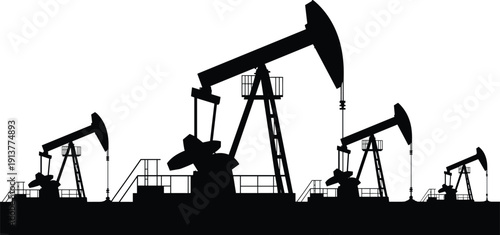Oil pump jack silhouette industrial landscape vector illustration with petroleum extraction machinery, energy production, drilling field scene