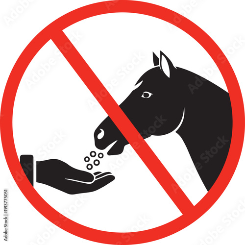 do not feed the horses sign with horse and hand silhouette in red prohibition circle warning icon