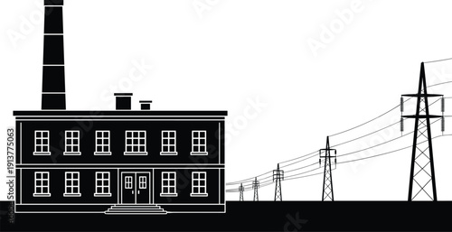 Power plant factory building with high voltage transmission towers silhouette vector illustration for electricity generation and energy infrastructure design