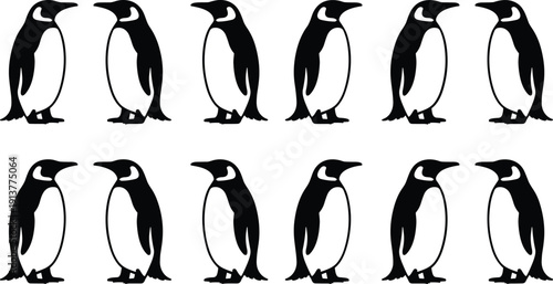 Penguin silhouettes collection vector set, black and white antarctic birds in standing poses, minimalist wildlife icons for nature designs