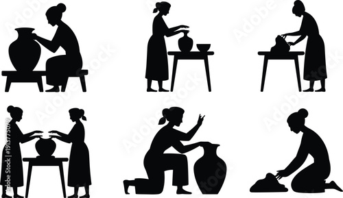 Pottery making woman silhouette vector set with clay shaping process scenes, ceramic workshop craft illustration collectionPottery making woman 