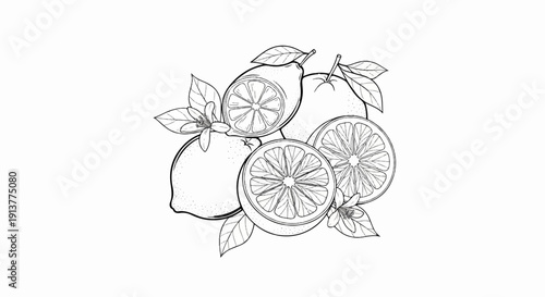 Delicate line art depicts a cluster of whole and sliced lemons with leaves and blossoms
