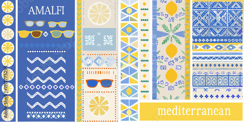 A vibrant collage featuring sunglasses lemons and mediterranean patterns