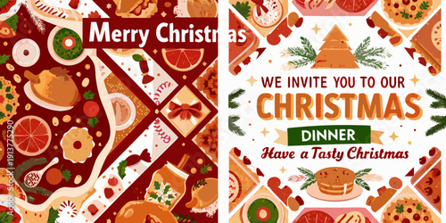 Festive christmas dinner invitation with colorful food illustrations