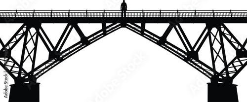 Silhouette of pedestrian walking on steel truss bridge, urban industrial architecture landmark vector illustration for travel and infrastructure design