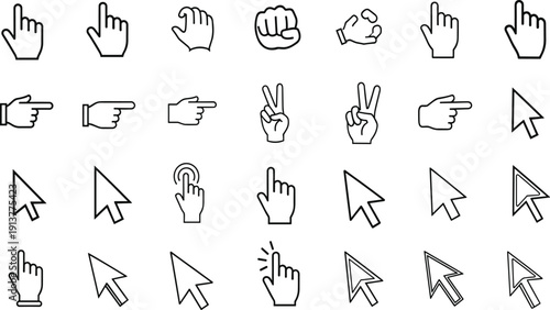 Computer cursor icons, mouse clicker arrows, hand pointing finger gestures, black outline web navigation symbols, interface touch elements, isolated,