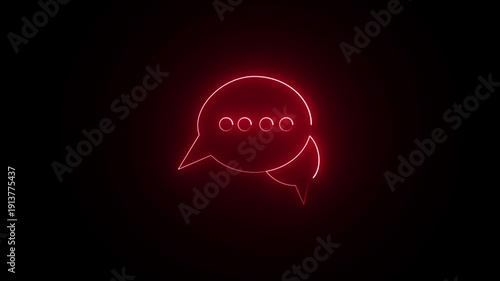 Animated neon red chat bubble icon glowing on black background communication concept