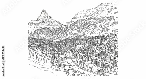 Detailed sketch of a mountain village nestled in a valley below a peak