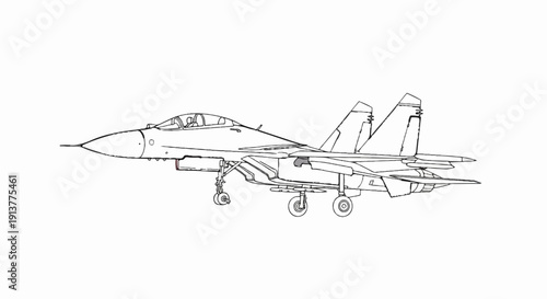 Detailed line drawing of a fighter jet aircraft with landing gear deployed